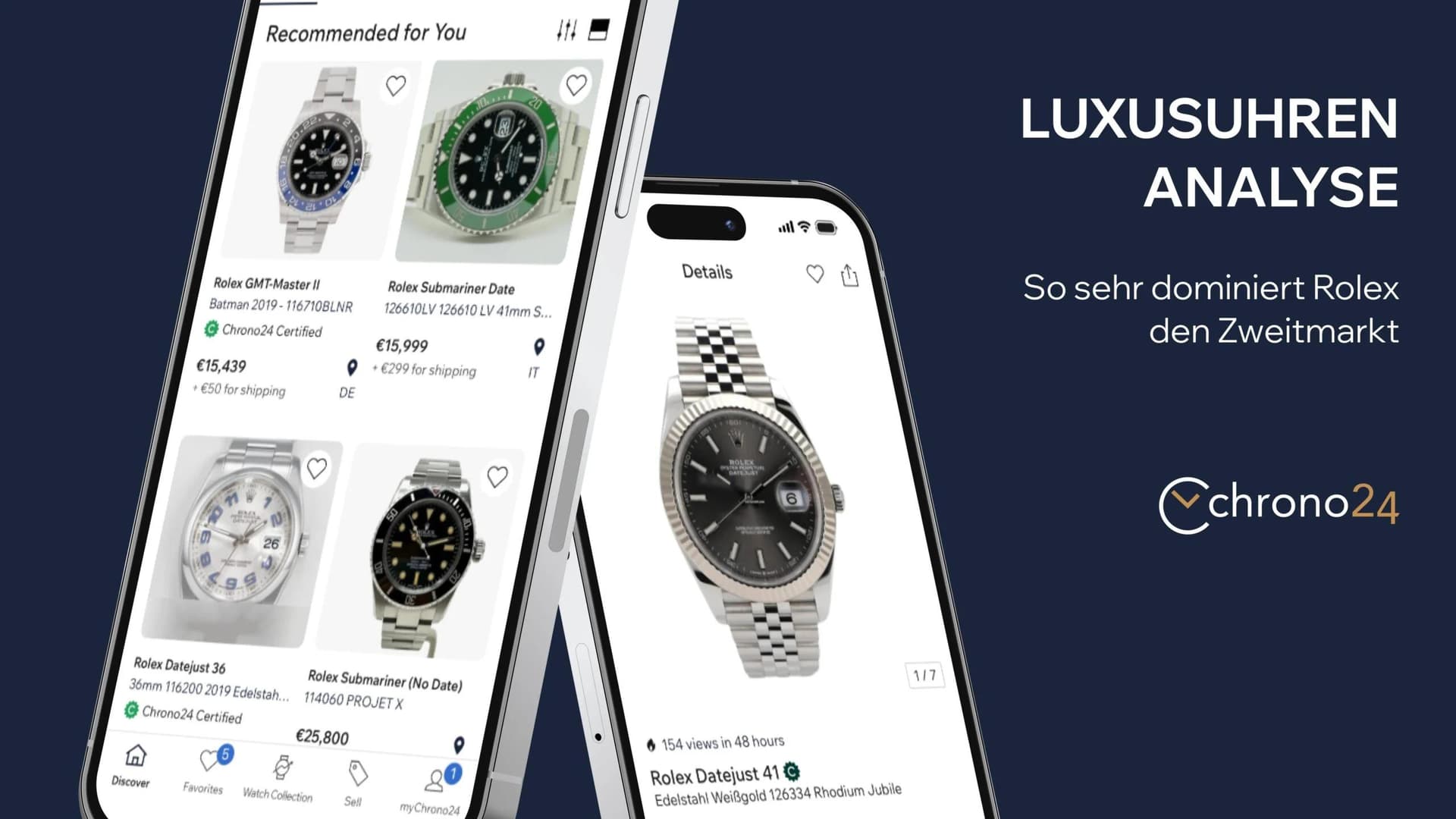 rolex watches on chrono24 app in front of blue background