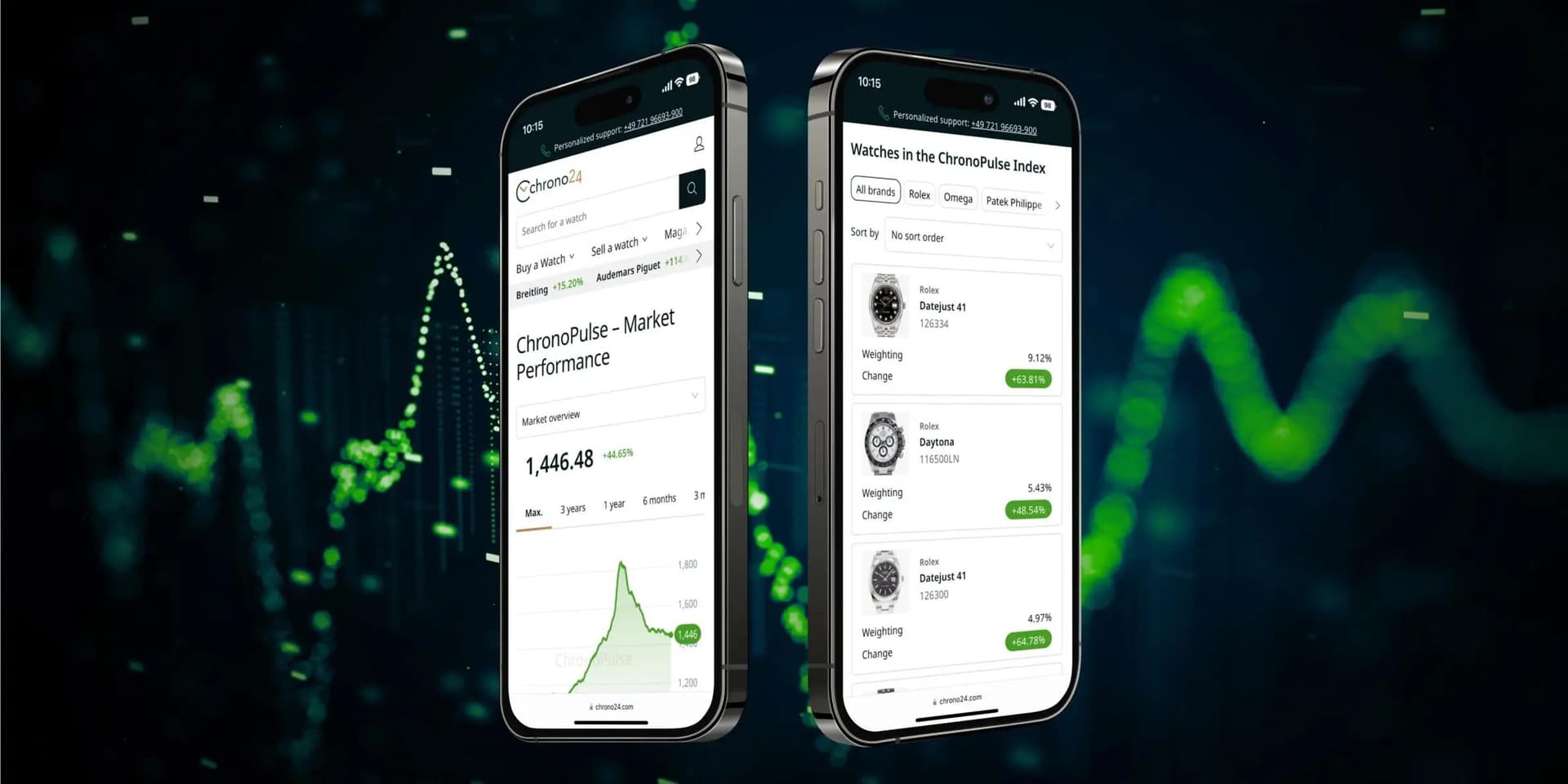 two phones back to back with chrono24 chronopulse open