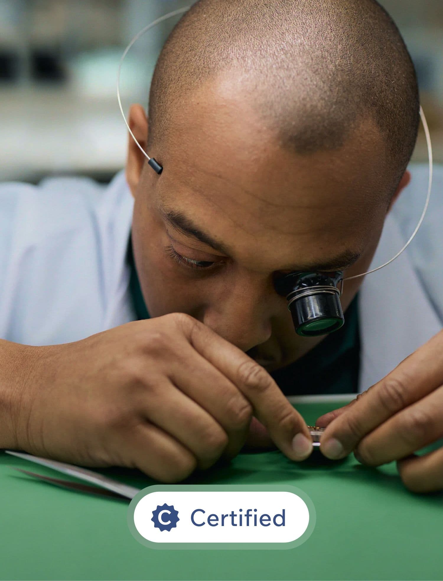 Person working with watch parts at a green workbench, “Certified” badge below.