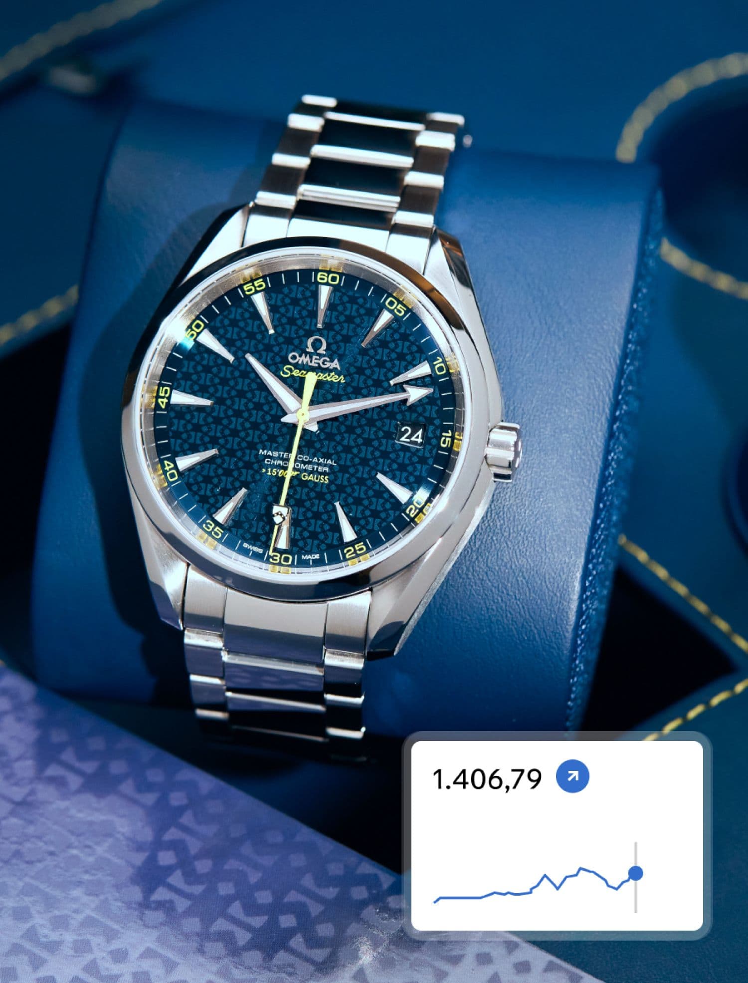 Omega Seamaster watch with a blue patterned dial on a metal bracelet, next to a price chart.