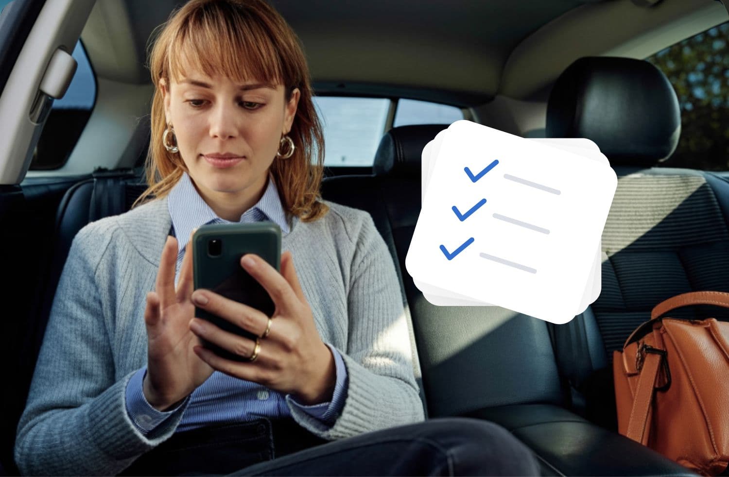 Woman sitting in the back seat of a car using a smartphone, with a brown handbag beside her and a checklist graphic overlay.