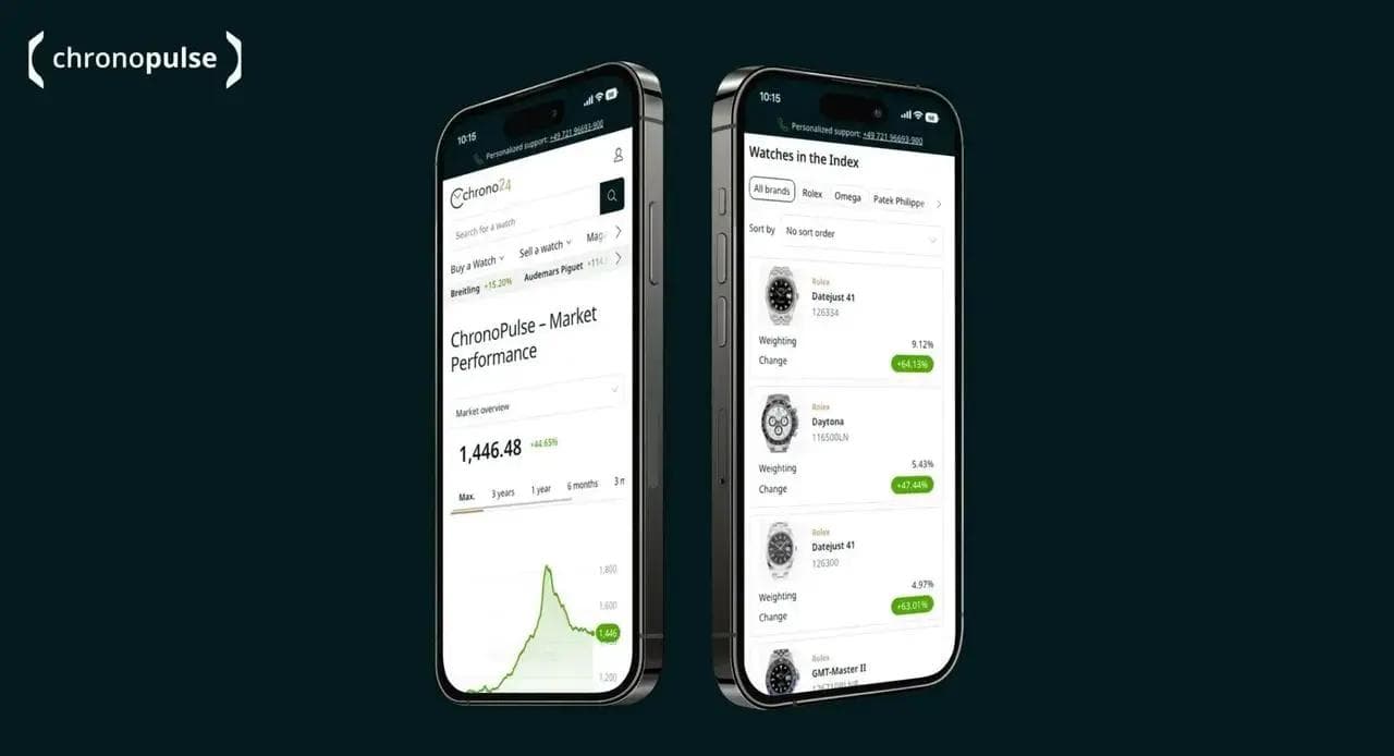 hand hovering above a phone with Chrono24 app open on screen