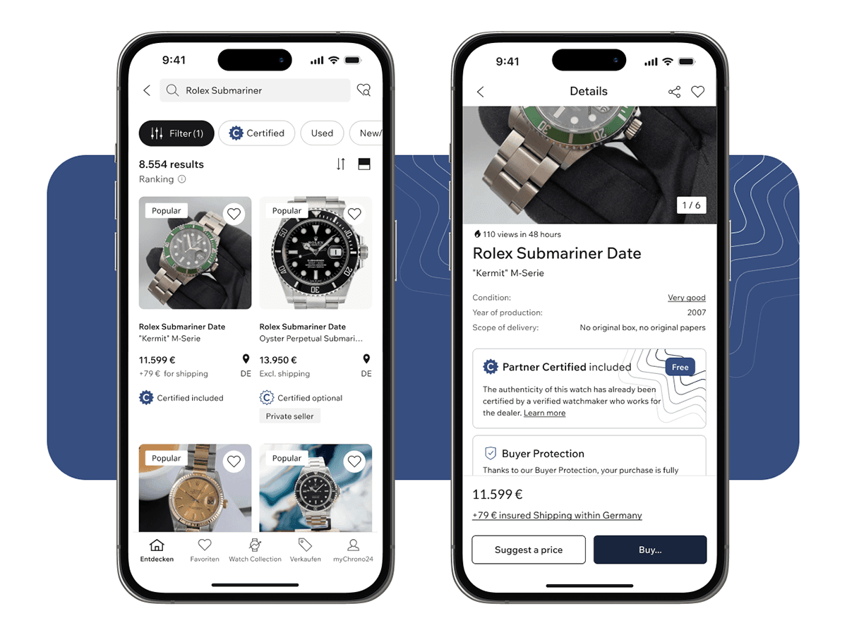 two mobile phones are showing listing from Chrono24 website