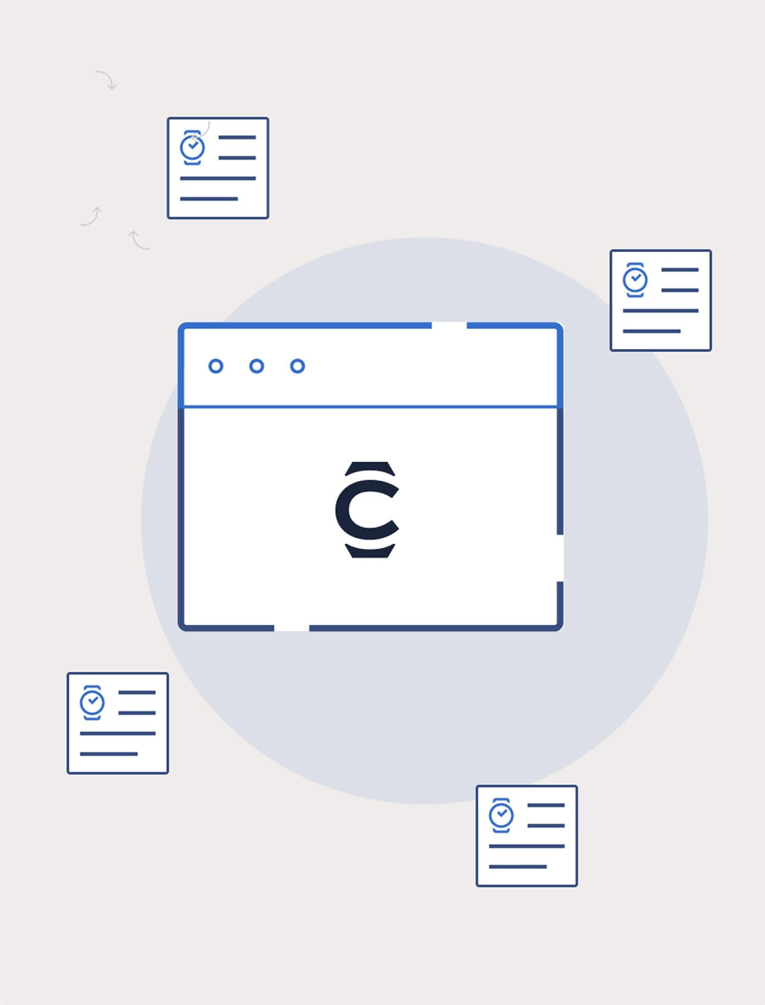 Illustration of a browser window with documents around it, showing document management.