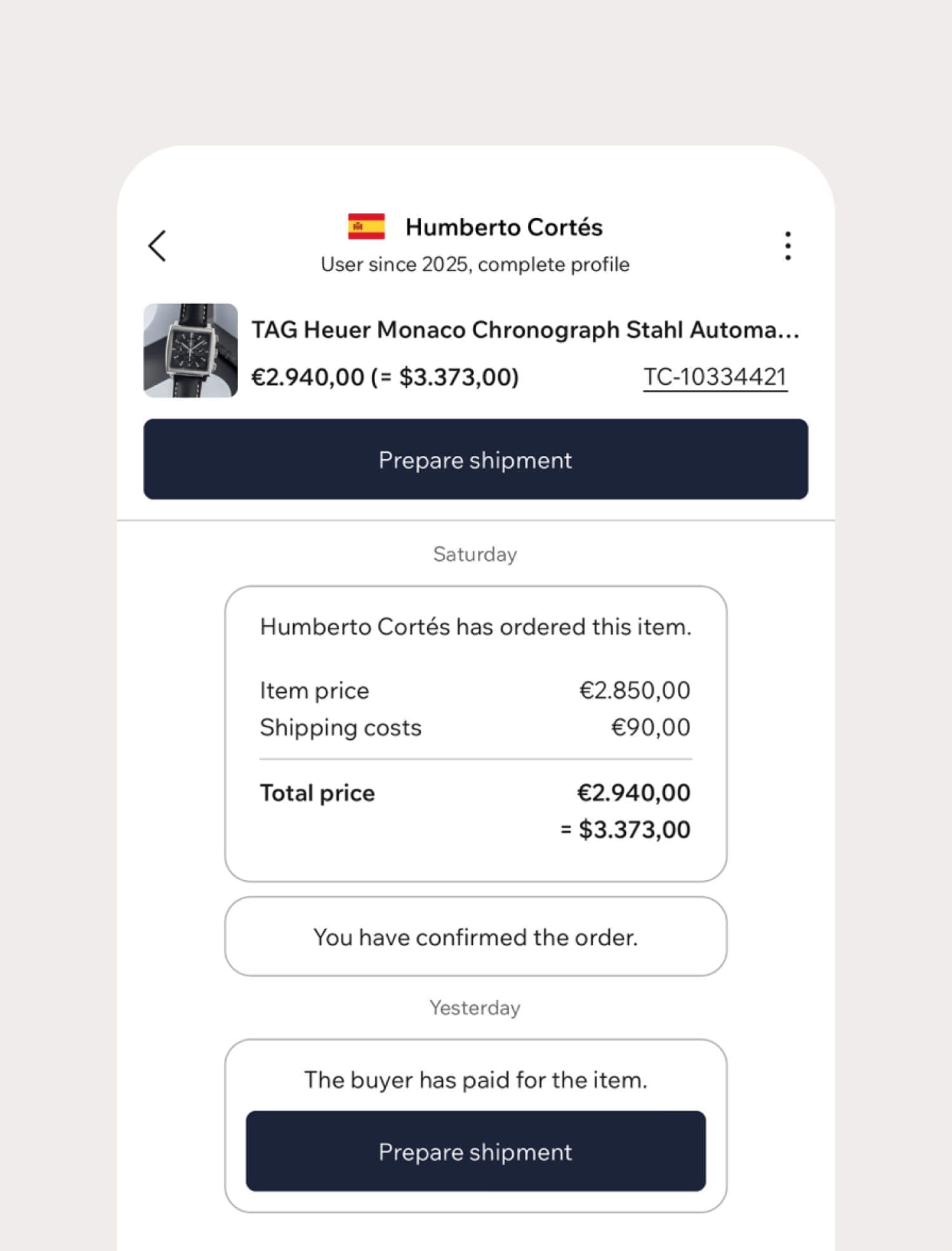 Order summary for a TAG Heuer watch with buyer details and payment status.