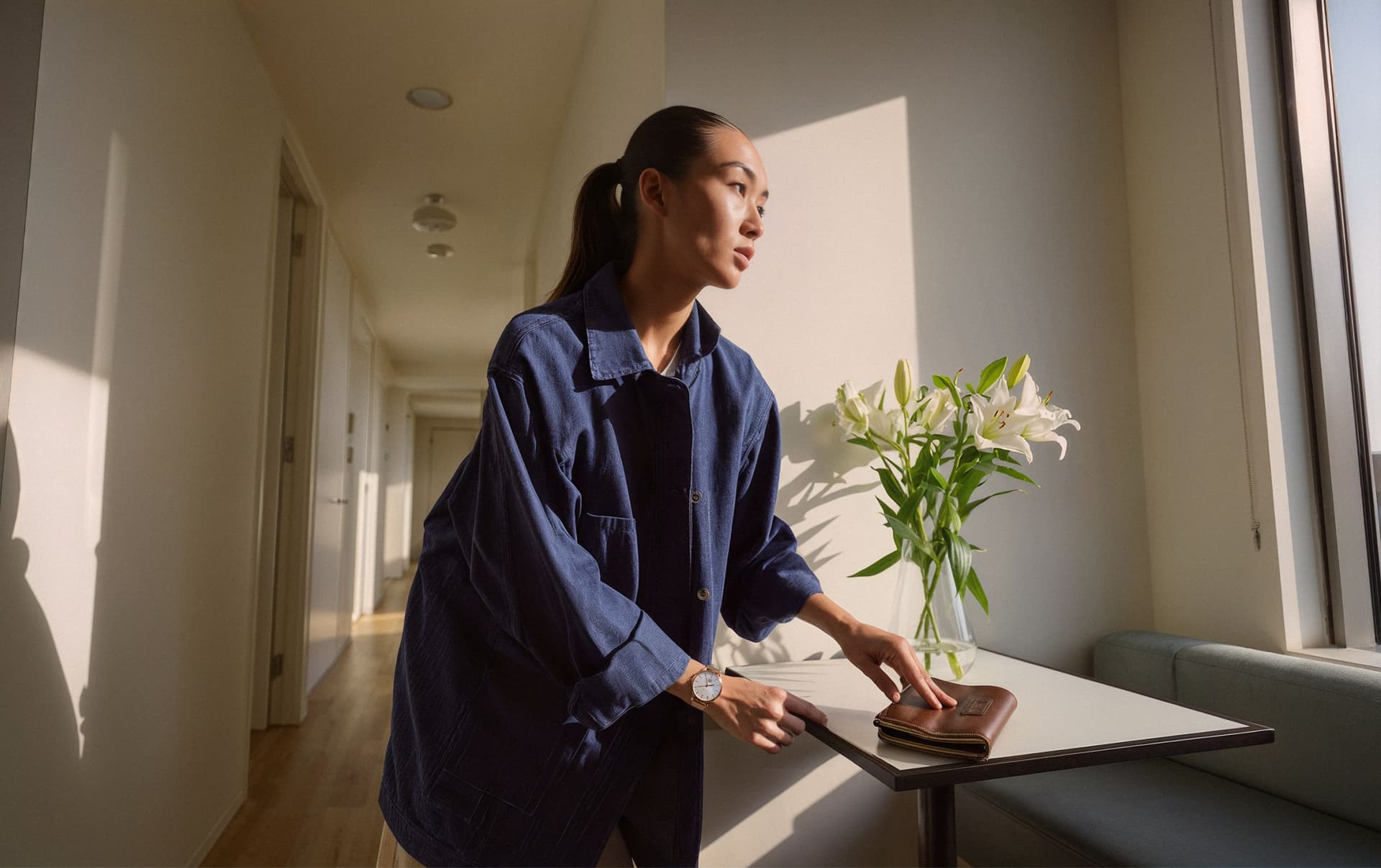 Person in a blue jacket picking up a wallet from a table with a vase of white lilies.