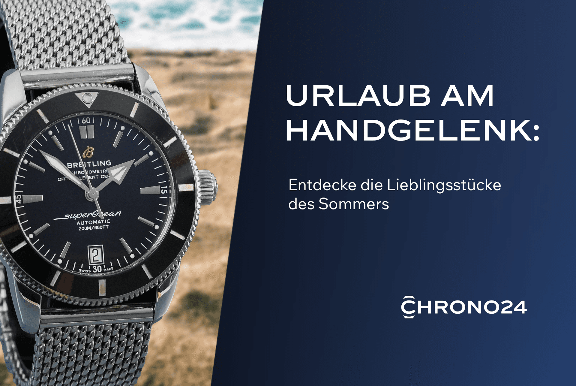 The Breitling model appears by the seaside