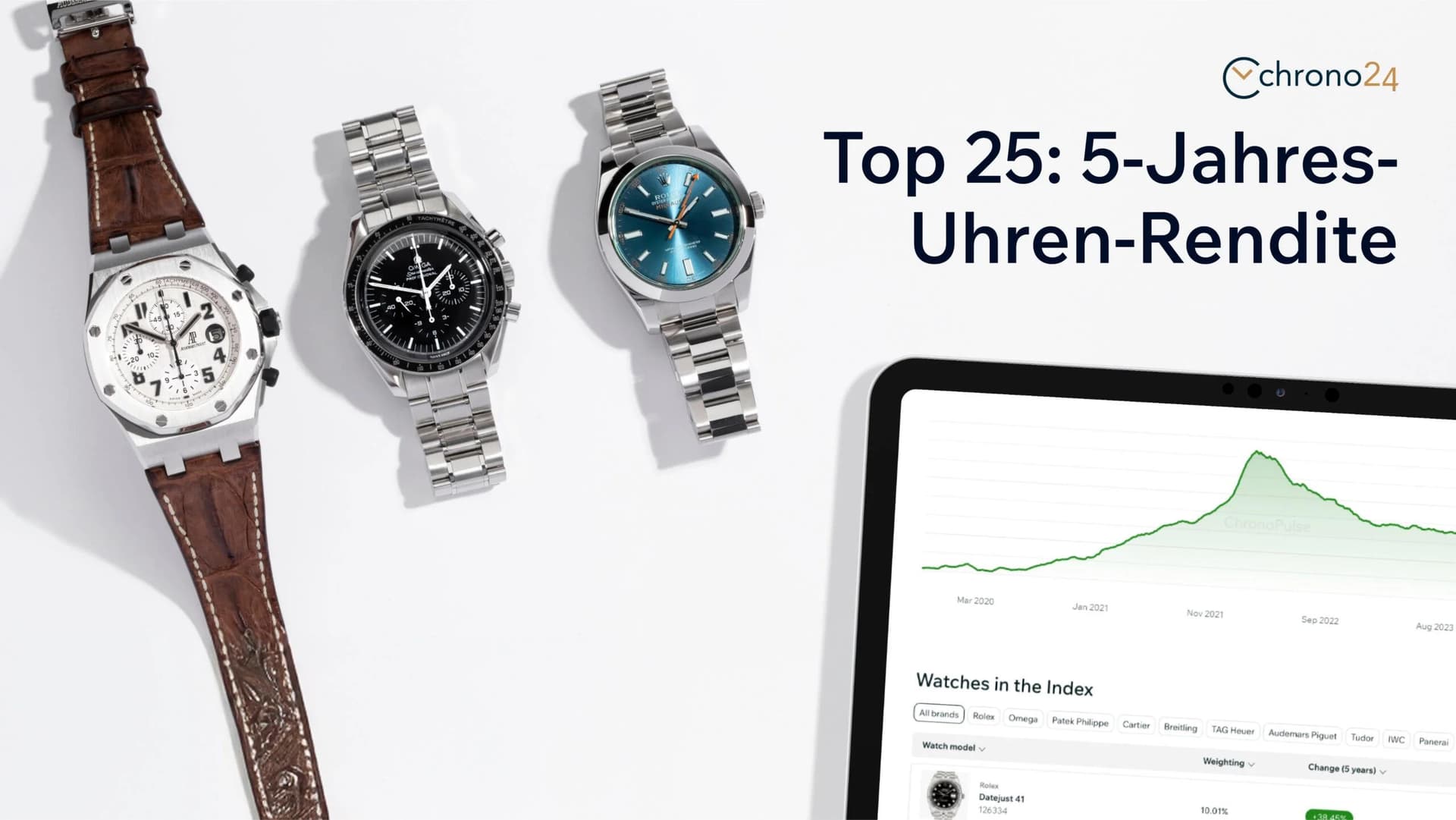 trio of watches on a white background with the chrono app on a tablet